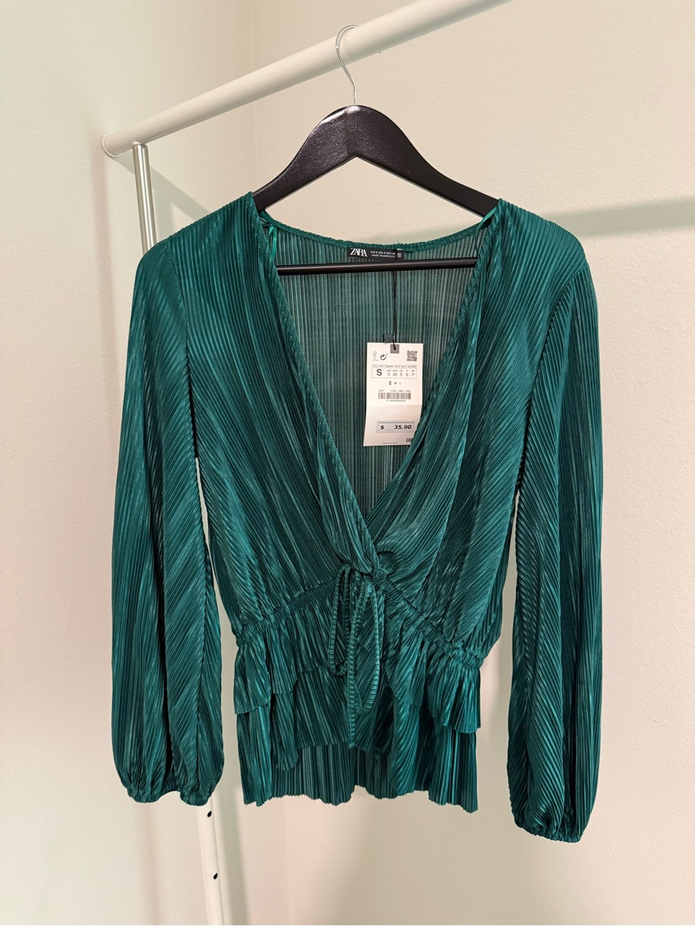 ZARA Teal Pleated Tie-Waist V-Neck Blouse